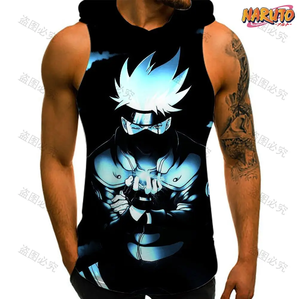 Bodybuilding Naruto T-shirts Men's Hooded Vest New Sleeveless Essentials Streetwear Clothing 2023 Man Shirt Y2k Gym Oversized