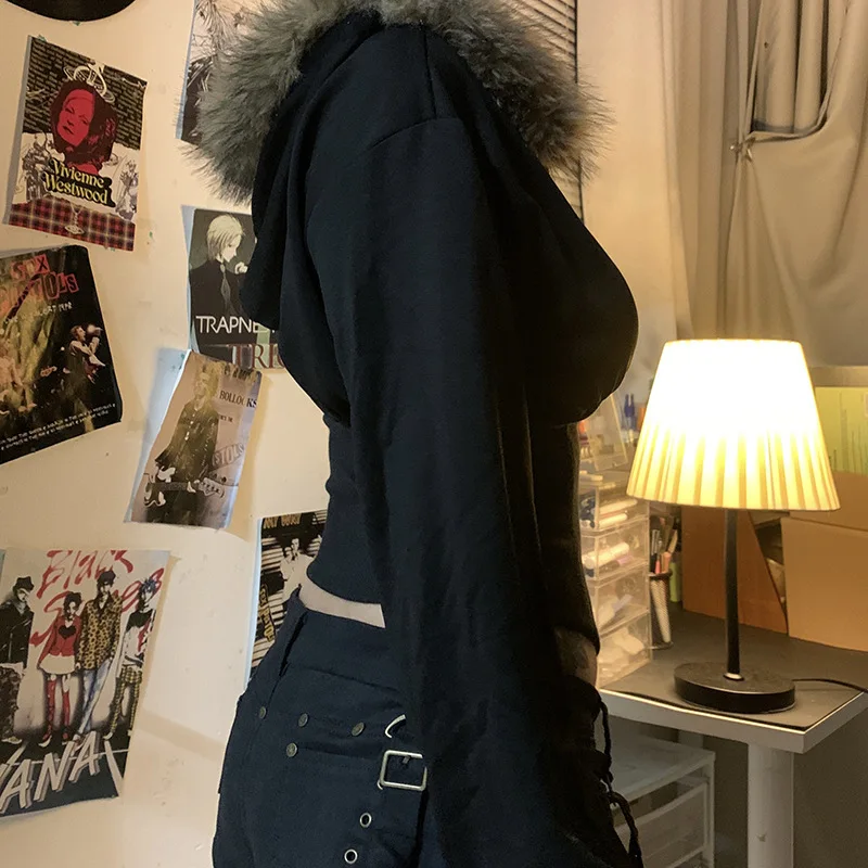 Autumn Winter Faux Fur Collar Solid Hooded Coats Women Casual Slim Waist Zip Hoodies Gothic Jackets Fashion Y2k Streetwear