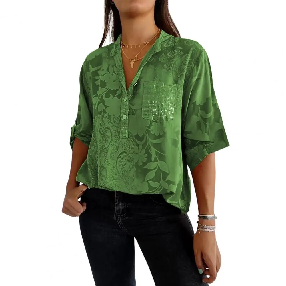 Half Sleeve Pullover Tops Stylish Women's V-neck Lapel Half Sleeve Shirt with Sequins Patch Pocket Casual Loose Fit for Women