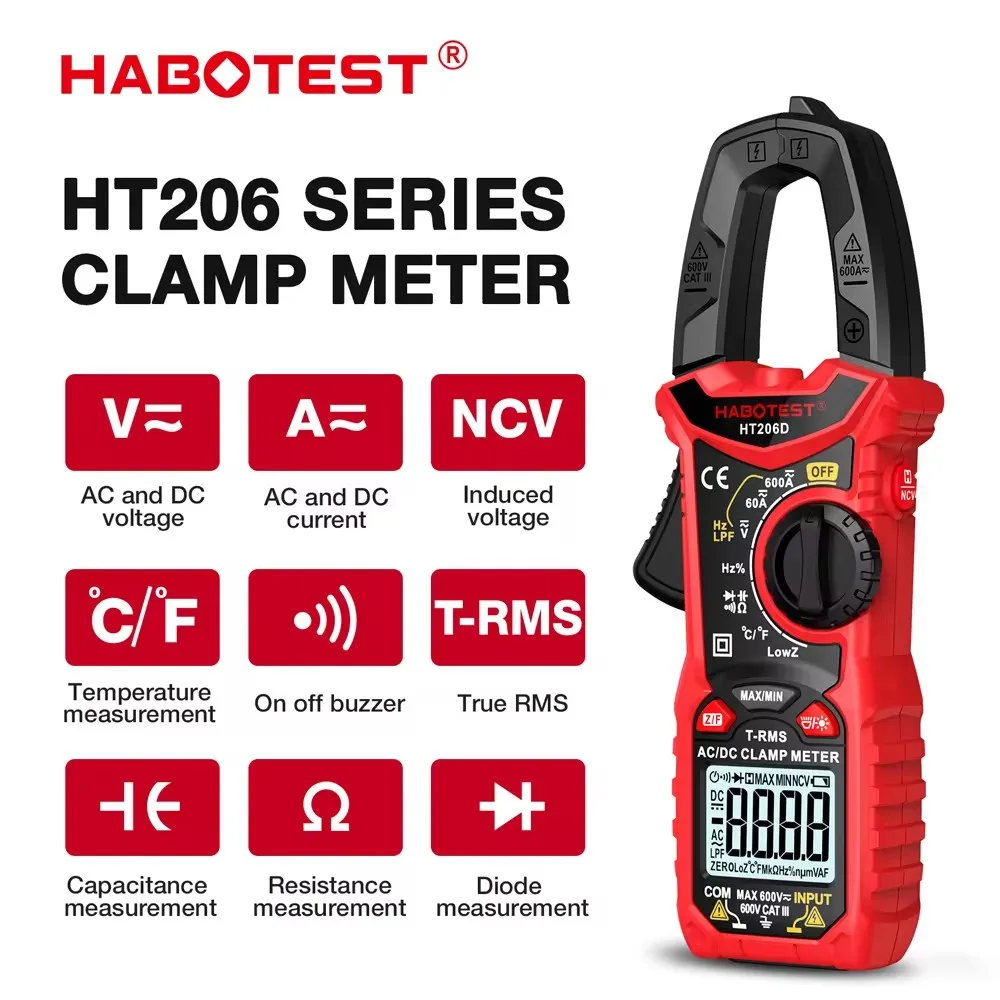 HT206A Digitale stroomtang 206D AC DC-stroom 600A Ampèremeter Professionele multimeter Elektrische spanningstester Tweekleurige achtergrondverlichting