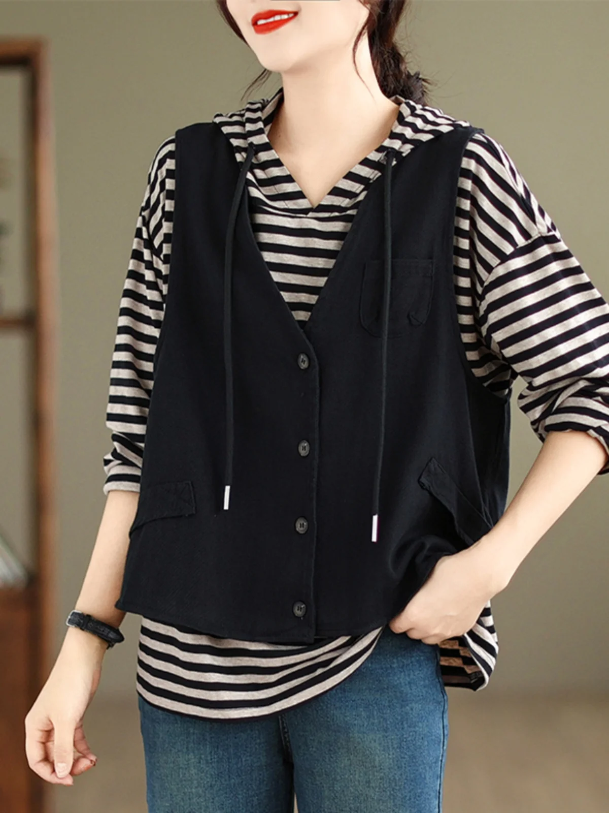 

Хлопковый жилет большого размера с V-образным вырезом, женский жилет Sle, новинка весны 2025, верхняя одежда в клетку, художественная одежда для поездок на работу