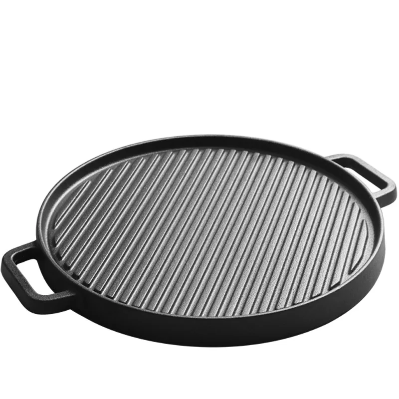 

Multi functional double-sided baking pan with cast iron Uncoated old-fashioned thickened household striped outdoor frying pan