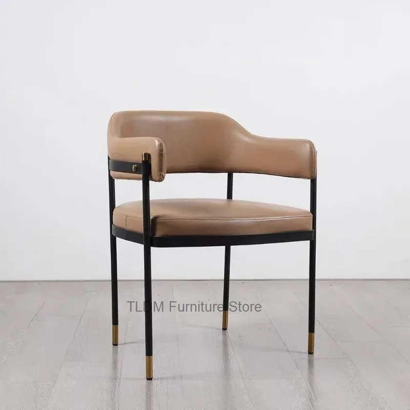Modern Luxury Dining Chair - Leather Upholstery, Black Metal Frame with Gold Tips, Accent Armchair for Kitchen Living Room