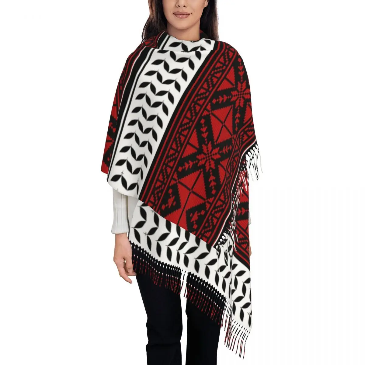 Palestinian Keffiyeh And Tatreez Print Shawl Wraps Womens Winter Large Soft Scarf Pashminas Tassel Scarves