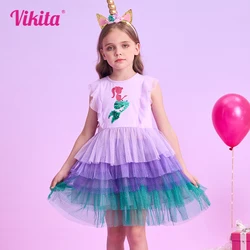 VIKITA Girls Sleeveless Summer Dresses Kids Mermaid Appliqued Sequined Dresses Girls Purple Mesh Layered Tulle Tutu Cake Dress