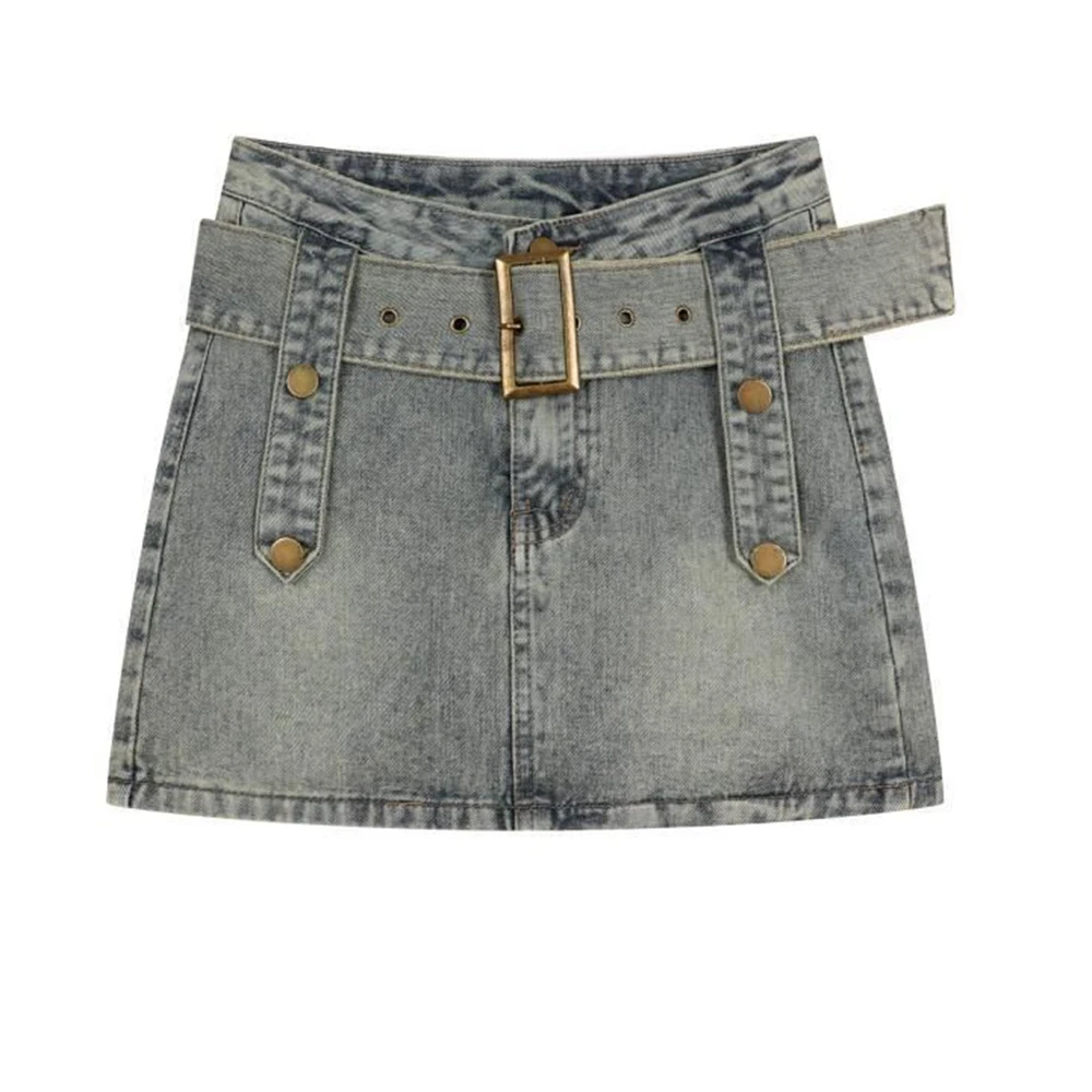 Retro design, niche denim skirt, women's summer high waist slimming, spicy girl A-line hip hugging short skirt
