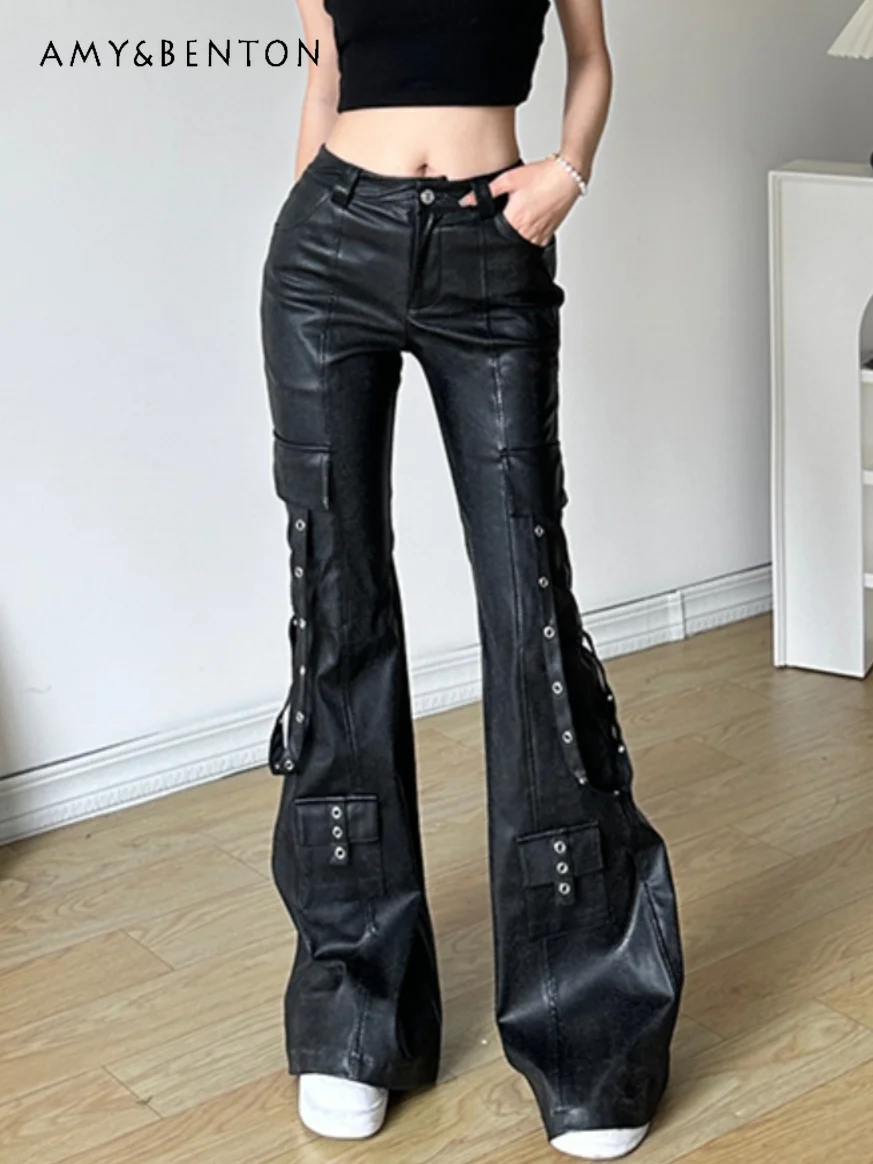 

Personalized Street Hot Girl Y2K Ribbon Pocket Leather Flared Pants Subculture Gothic High Waist Slim Black Straight Pants Women