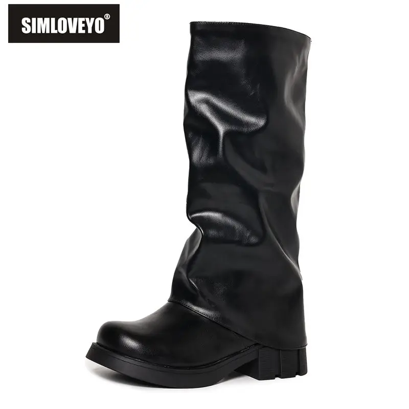 

SIMLOVEYO New Women Knee High Boots Round Toe 6cm Chunky Heels Slip On Extended Size 42 43 Non Slip Casual Tall Tube Bota Autumn