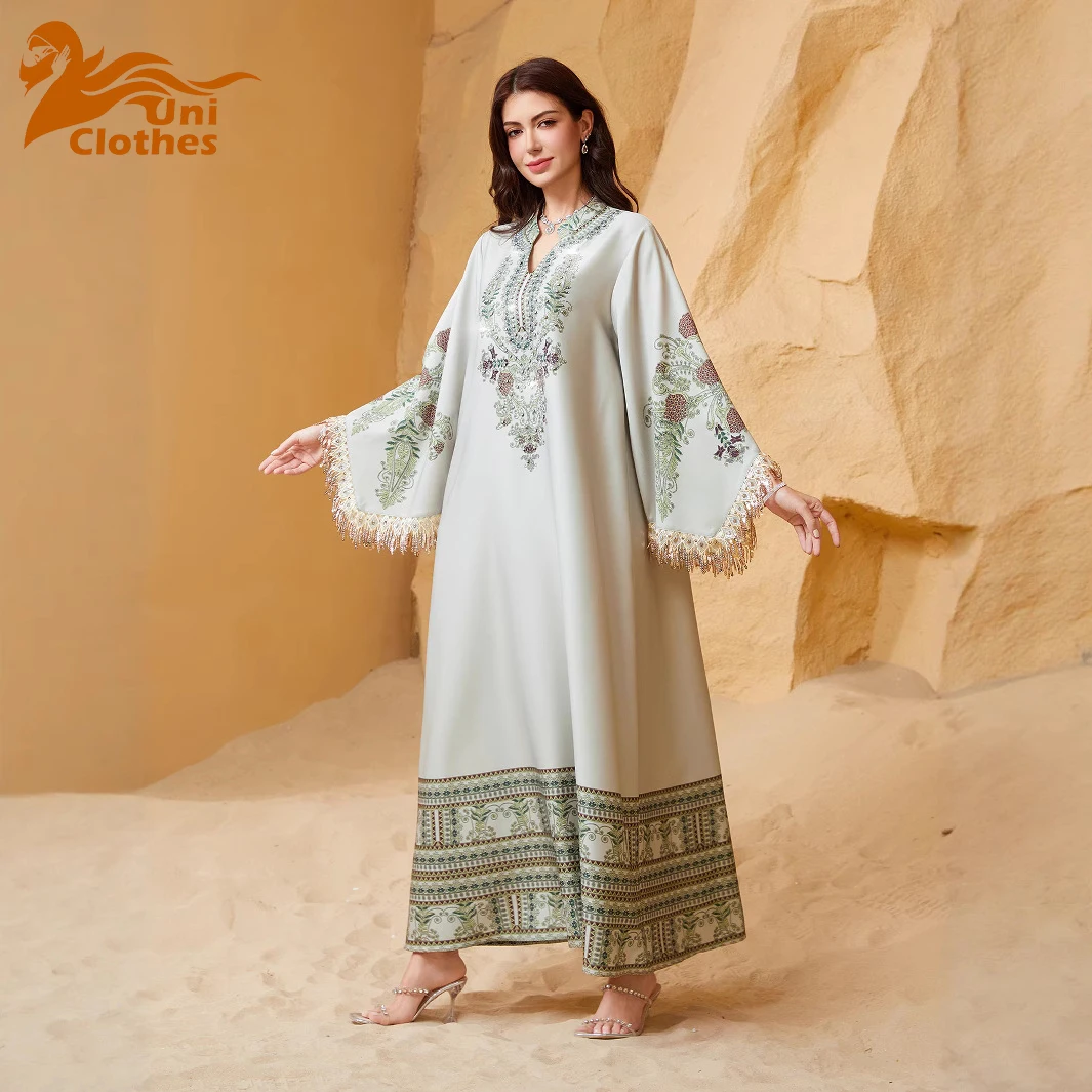 

UNI Dresses Women Eid Muslim Party Abaya Jalabiya Diamond Tassel Islam Vestidos Saudi Arab Long Robe Ramadan Morocco Dubai Kafta