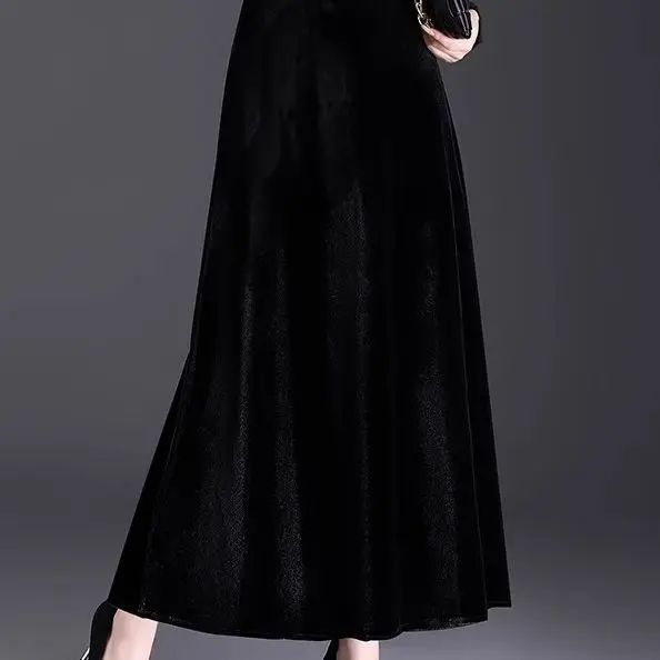 تنورة عصرية جديدة باللون الذهبي المخملي بلون سادة على شكل حرف a للنساء تنورة خريفية بقصة ضيقة بخصر عالٍ