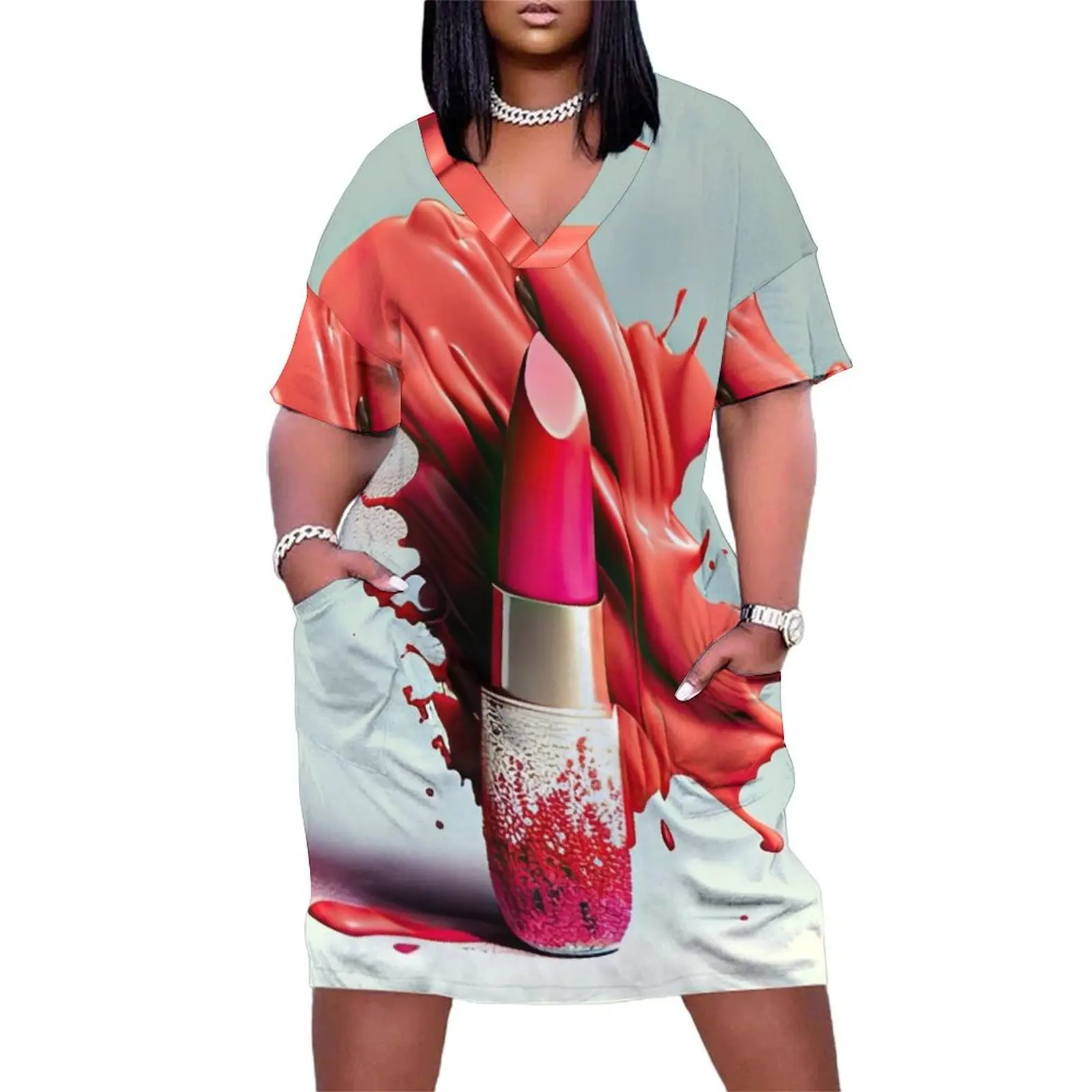 

Perfect Lipstick Splash Loose Pocket Dress long dress women Woman clothing