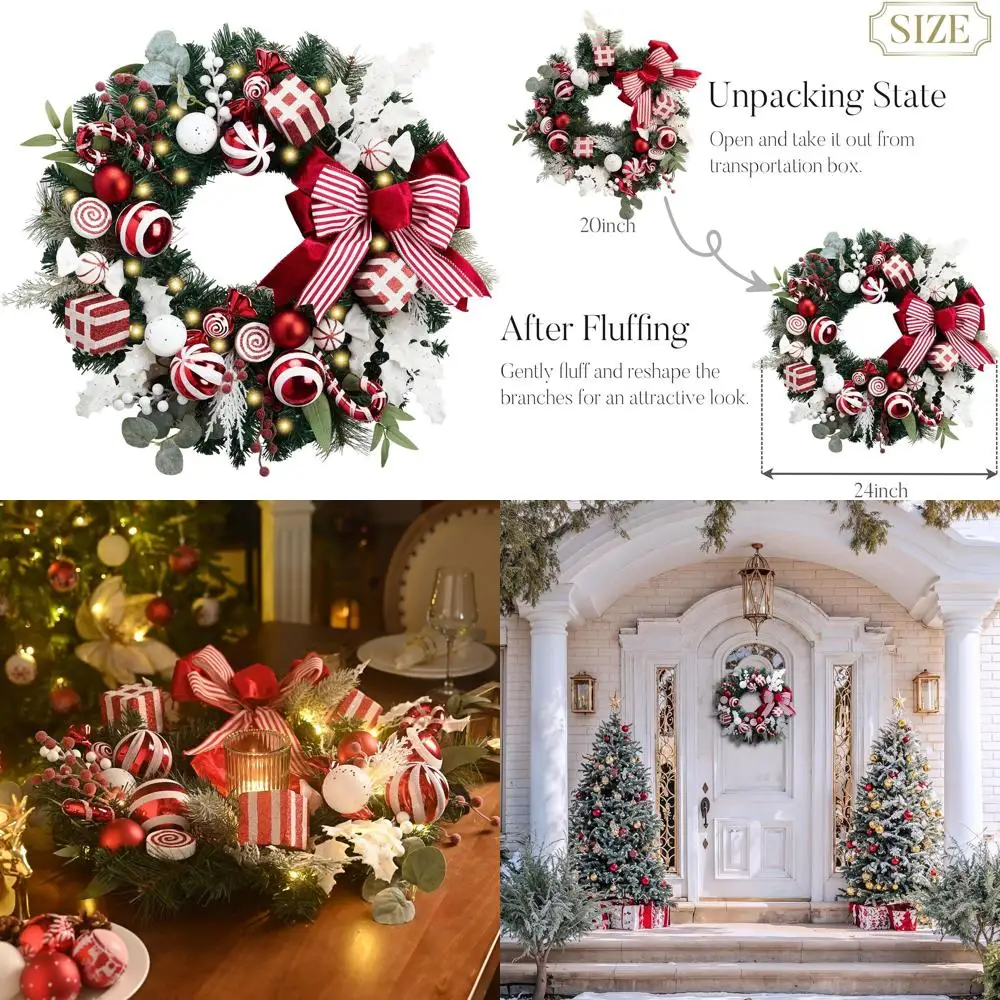

24 Inch Illuminated Christmas Wreath with Red & White Ornaments and Bow for Outdoor Holiday Decor