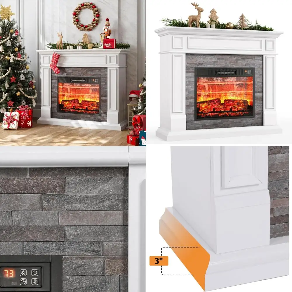 44 Freestanding Electric Fireplace with Mantel, Tall Heater, Realistic Stone Surround, Remote Control