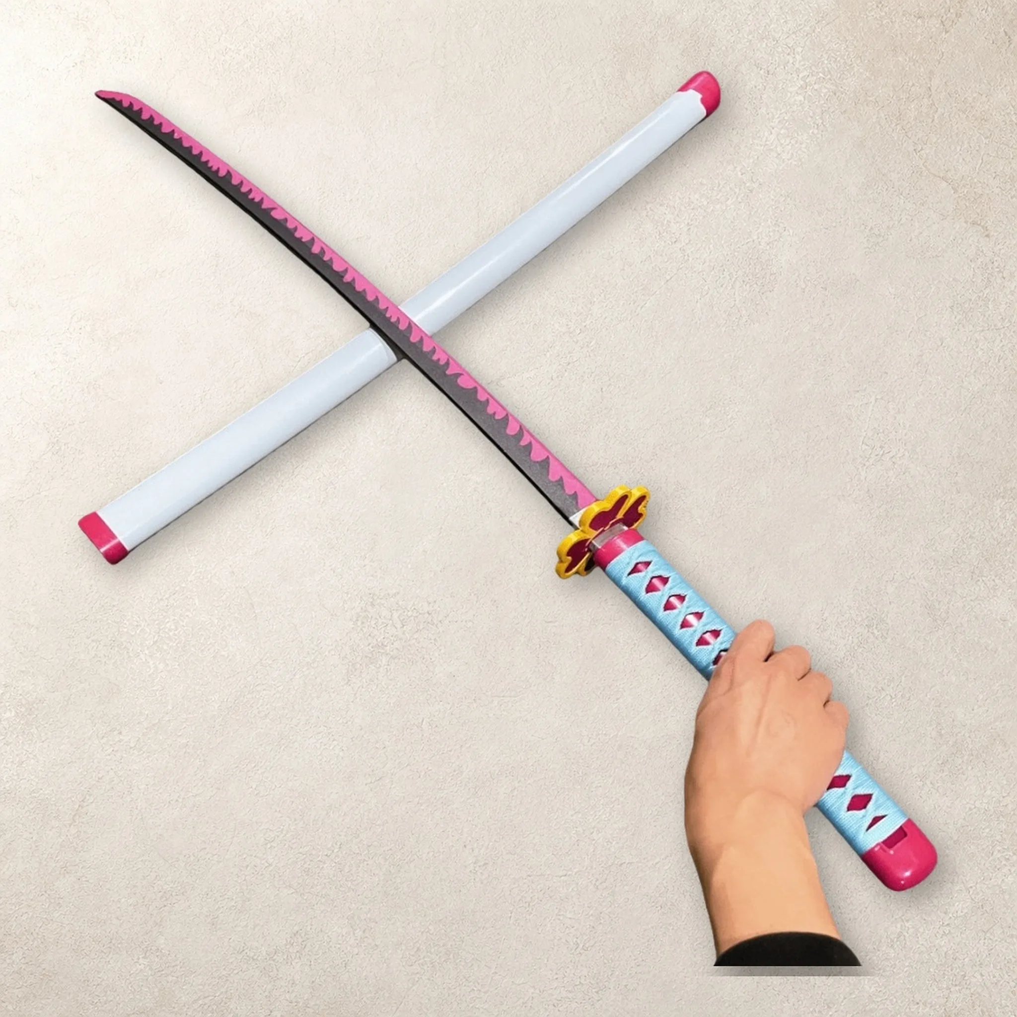 40 Inch Demon Slayer Mitsuri Katana Sword Sabre Blade Set Stand Belt Ninja Knife Schwert Safe Plastic Cosplay Display Photo Prop view 6