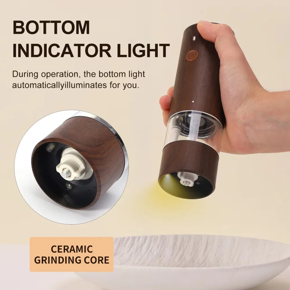 USB Rechargeable Electric Salt and Pepper Grinder with Light Large-caliber Automatic Pepper Grinding Bottle