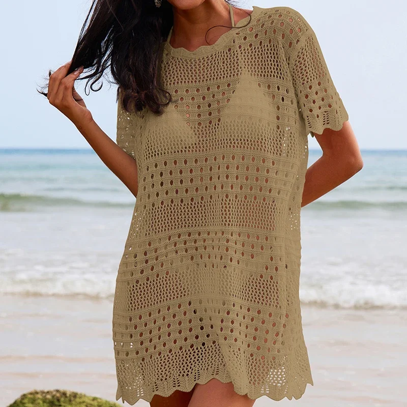 BWQ-Oco Out Sexy Mid-Length Beach Cover Up, Biquíni de férias, Smock Sunscreen Dress, Crochet Malha Lace Collar, Swimwear solto