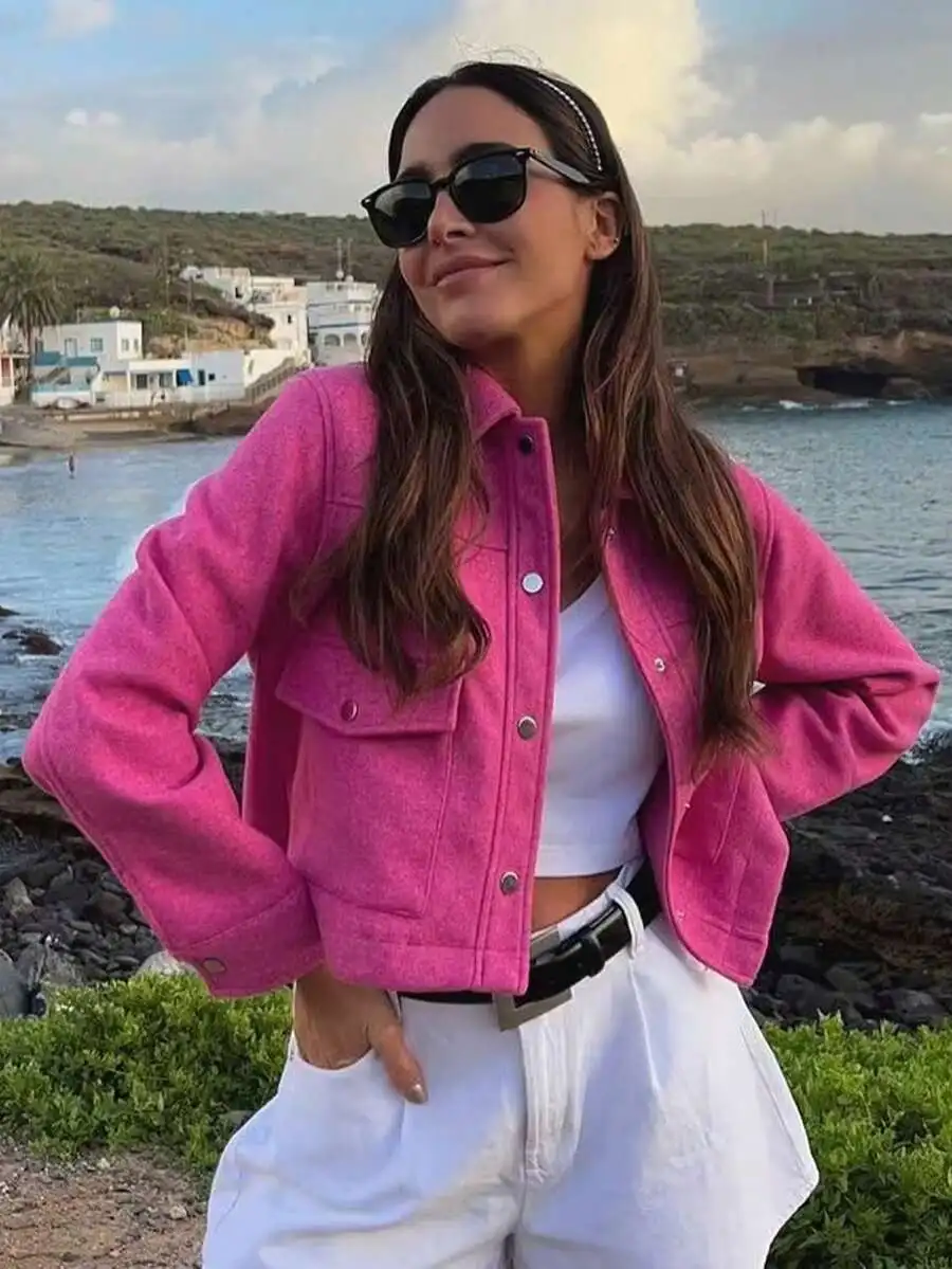 

Women's Fuchsia Cropped Jacket with 3D Front Pockets and Snap Buttons