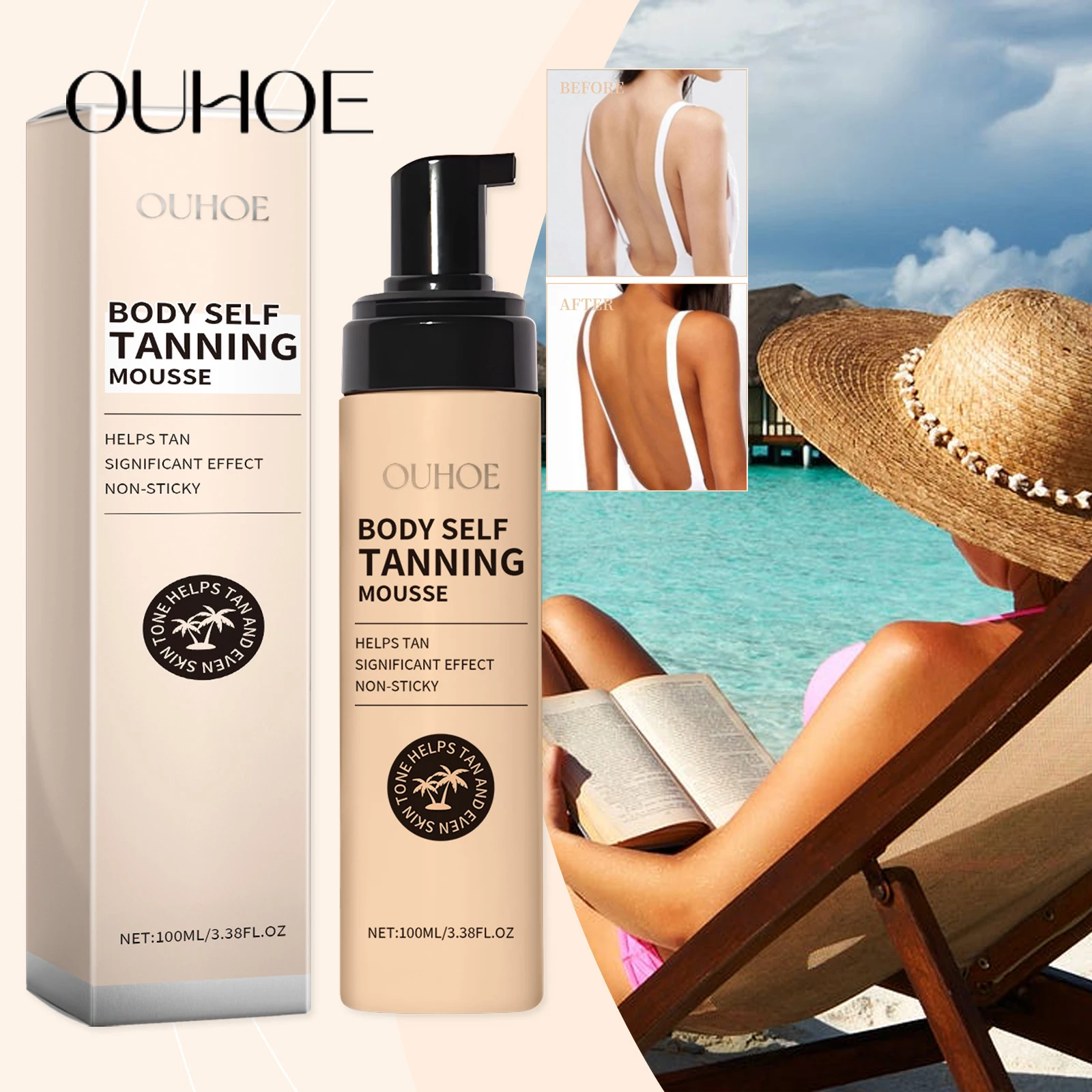 Ouhoe 100ml Mousse autobronceador sin sol Bronceador de bronce de secado rápido Bronceado de aspecto natural para rostro y cuerpo Fórmula impermeable para exteriores