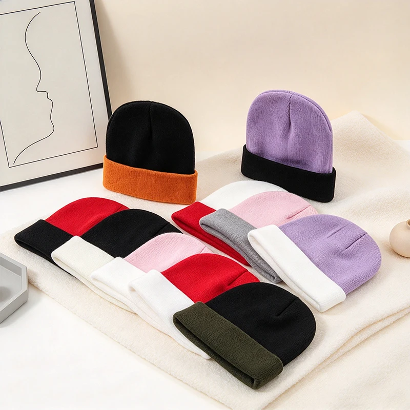 Unisex Color Block Cuffed Knit Beanie Hat Winter Warm Stretchy Ribbed Skull Cap Classic Beanie for Men Women Outdoor Daily Wear