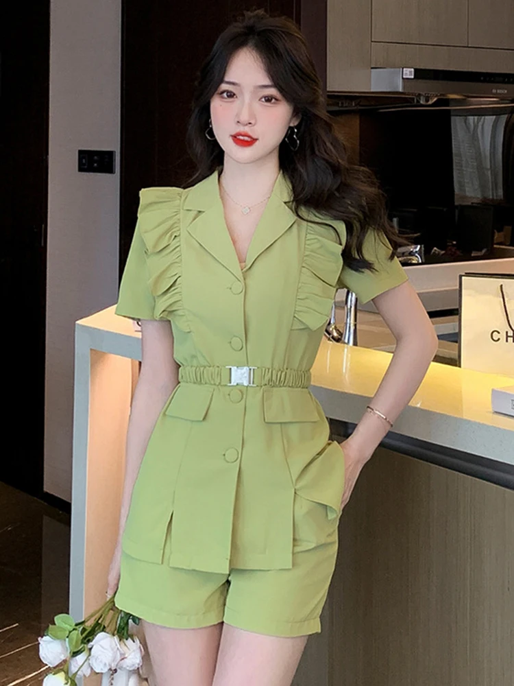 Summer Korean Style Elegant 2 Piece Outfits Women Sweet Ruffles Belt Tops Blouse Blazer Shorts Pants Sets Streetwear Office Lady