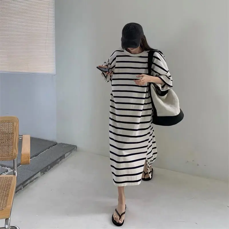 Summer New Black and White Stripe T Shirt Dress Short Sleeve Loose All-match Youth Dresses Trend Casual Fashion Women Clothing