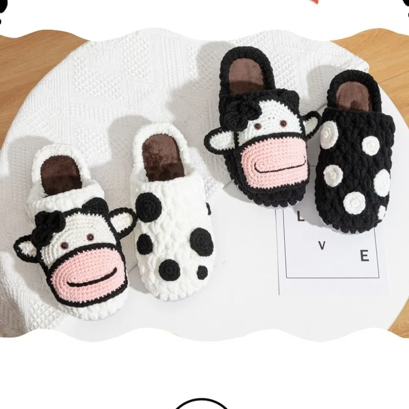 Weaving Handmade Slippers, Non Finished, DIY Slipper Material Wool Yarn, Couples Crochet Set Kit,Couple Cartoon Cow Cotton Shoes