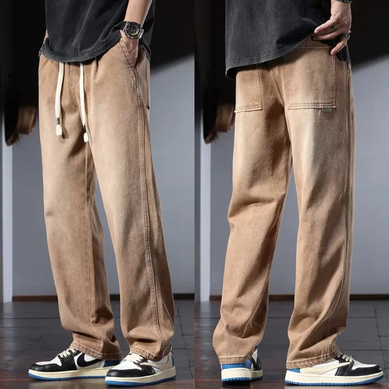 Blue Loose Men's Jeans Summer Casual Baggy Straight Elastic Waist Drawstring Denim Pants CP2236