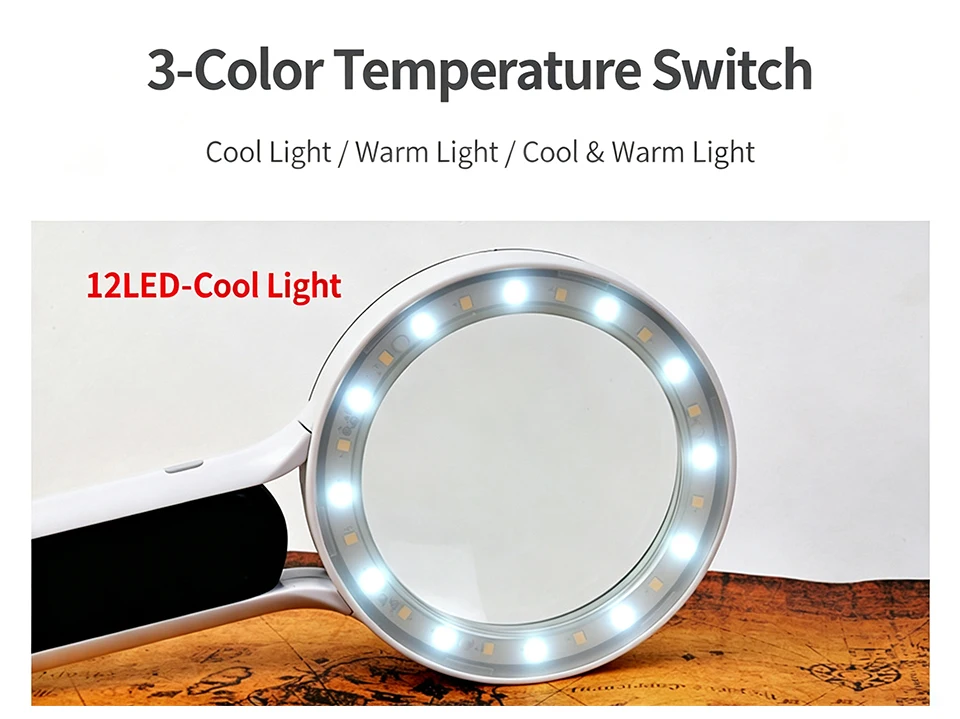 30-fache Handlupe mit 24 LED-Leuchten, 3 Beleuchtungsmodi, Wiederaufladbare Vergrößerungslupe für Senioren zum Lesen – Detail 6