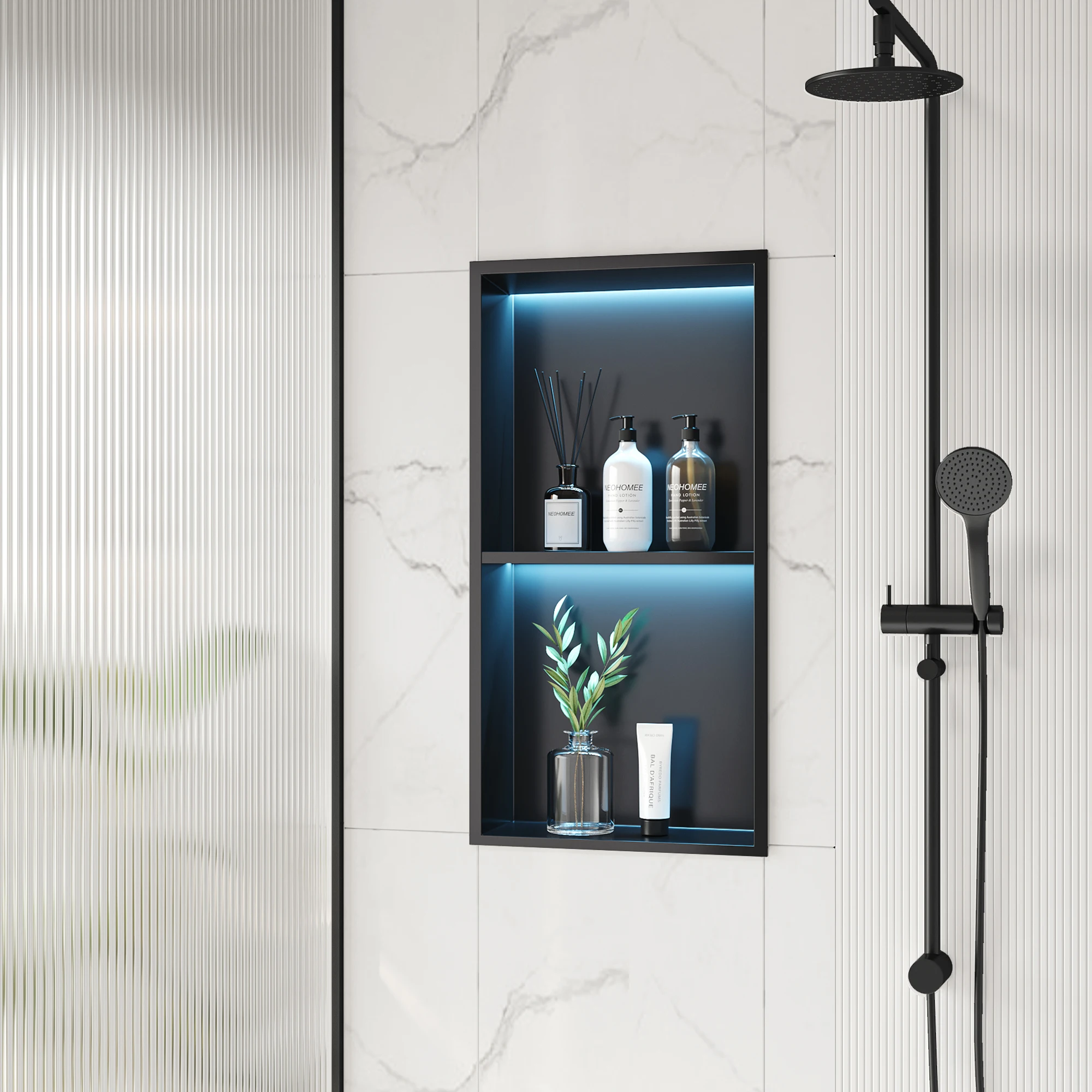 Modern Double-Layer Black Stainless Steel Wall Niche Trendy RGB Color Lights Changing IPX67 Waterproof Rating for Bathroom Use