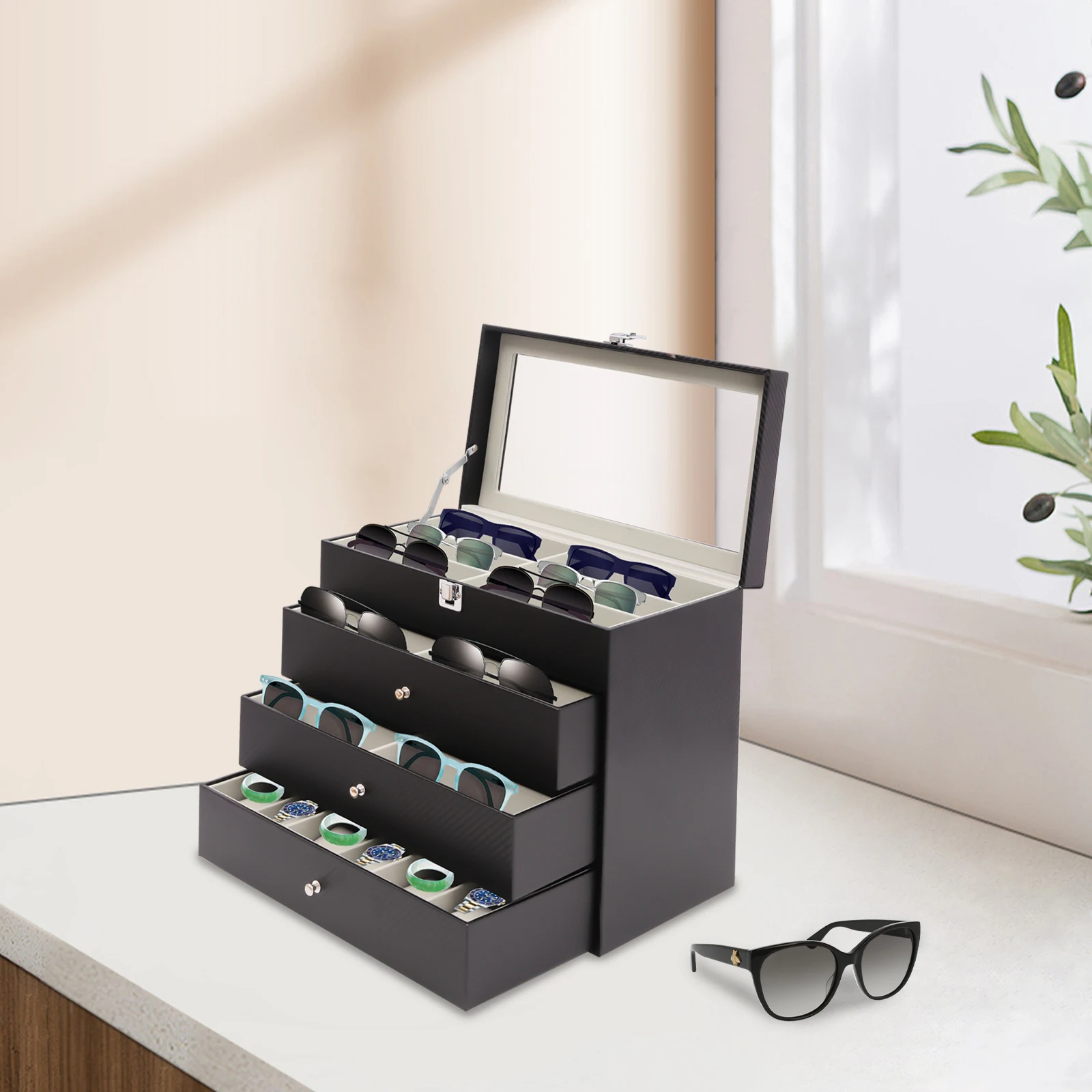 4 Layers Eyeglasses Storage Box Sunglass Watches Jewelry Display Case Dustproof Lockable Glasses Organizer with 3 Drawers, Black