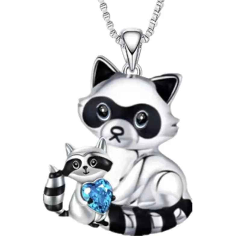 Fashion Mother Child Raccoon Necklace Heart Crystal Pendant Engagement Necklaces for Women Animal Jewelry Party Anniversary Gift