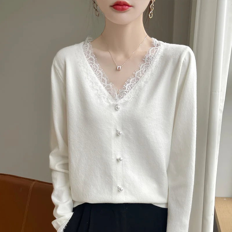 

Women V-neck Long Sleeve Pullover Merino Wool Lace Pearl Buckle Sweater Autumn Winter Cashmere Casual Knitwear Bottoming Tops
