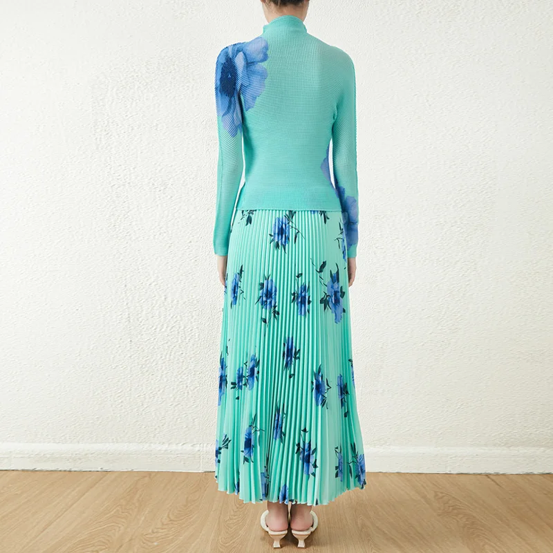 2025 Summer Women's Printed Pleated 2 Piece Set - Long Sleeve Shirt and Pleated Skirt