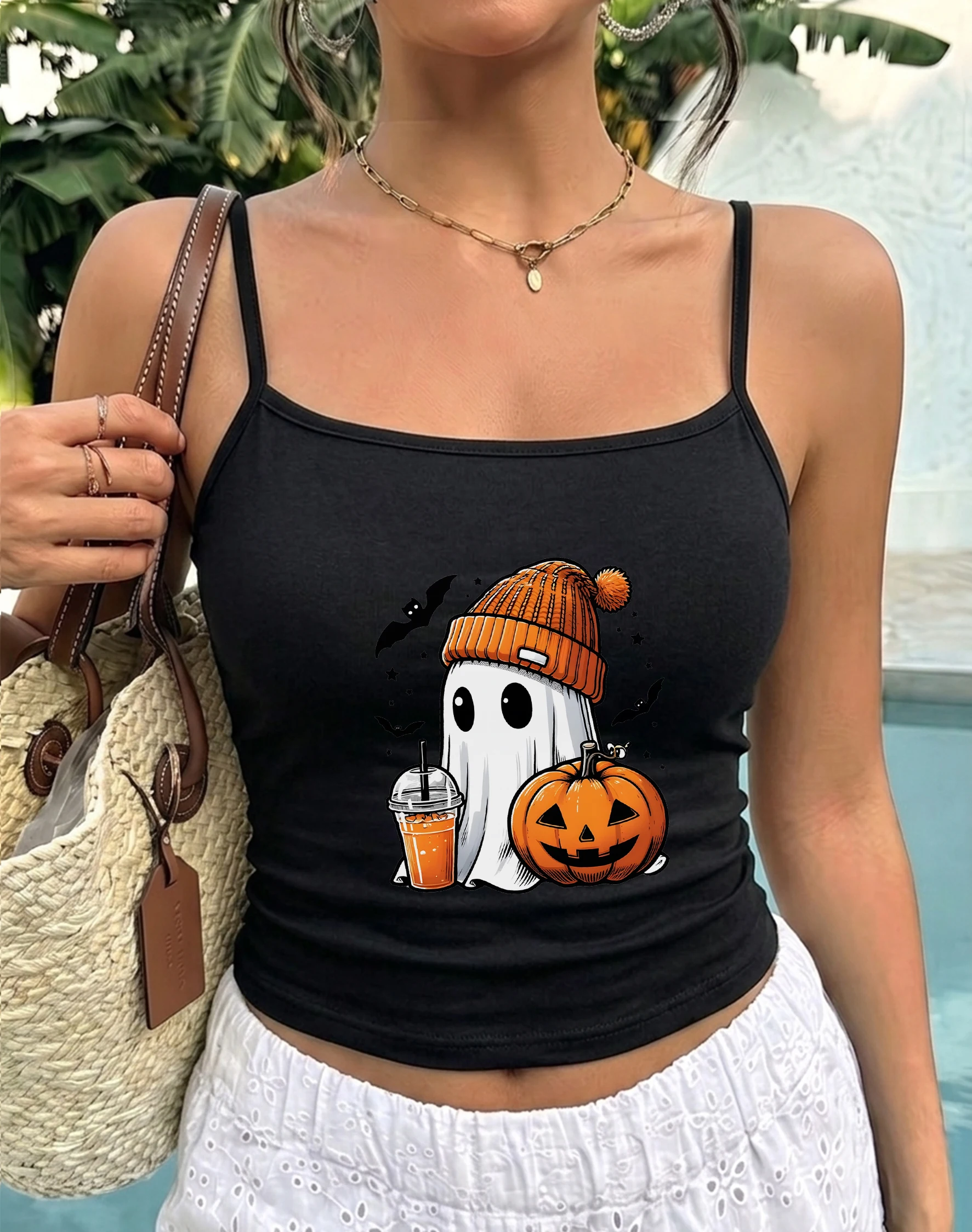 Cute Ghost Pumpkin Print Camisole Top Sun Beach Holiday Tank Graphic Spooky Cami Sleeveless Summer Tee Gift Idea for Her