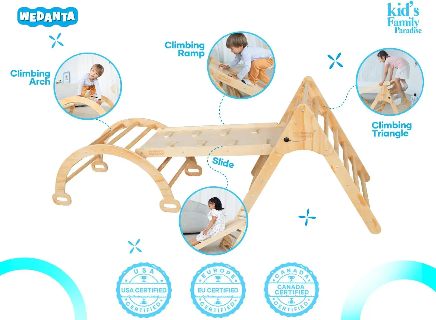 Foldable Climbing Toys Toddlers 4 in 1 - Pikler Triangle Climber Ramp Arch - Wooden Toddler Set 3 in 1 - Montessori Set - Pickle