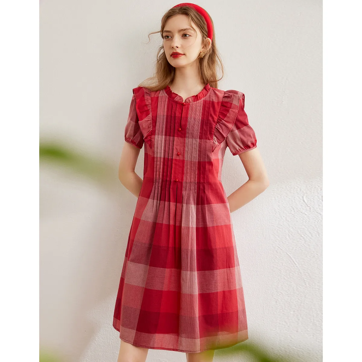 LOUIS YAO Women Cotton Dress Retro Style 2024 Summer Plaid Dress O Neck Short Sleeve Sweet Fashion Dress