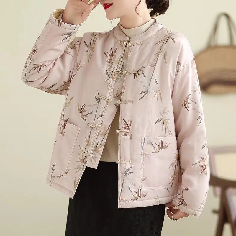 Elegant Short Quilted Jacket 2023 Autumn And Winter Standing Collar Printed Cotton Coat Chinese Style Retro Women Tops Z4163