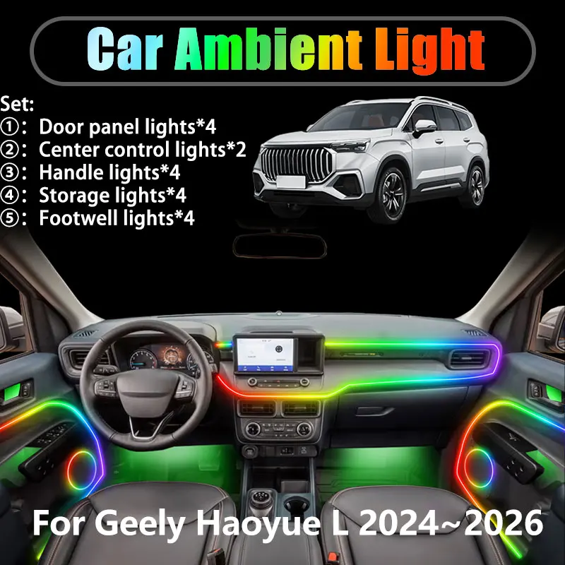 

For Geely Haoyue L MK2 2024~2026 Okavango 2/18 in 1 Car ambient lighting Led trunk interior led lights USB RGB Ensemble Streamer