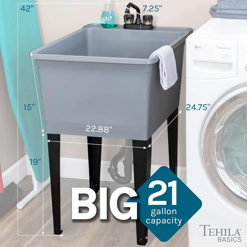 21-Gallon Grey Freestanding Utility Sink with Black 2-Handle Faucet, Heavy Duty Plastic Laundry Tub with Adjustable Legs