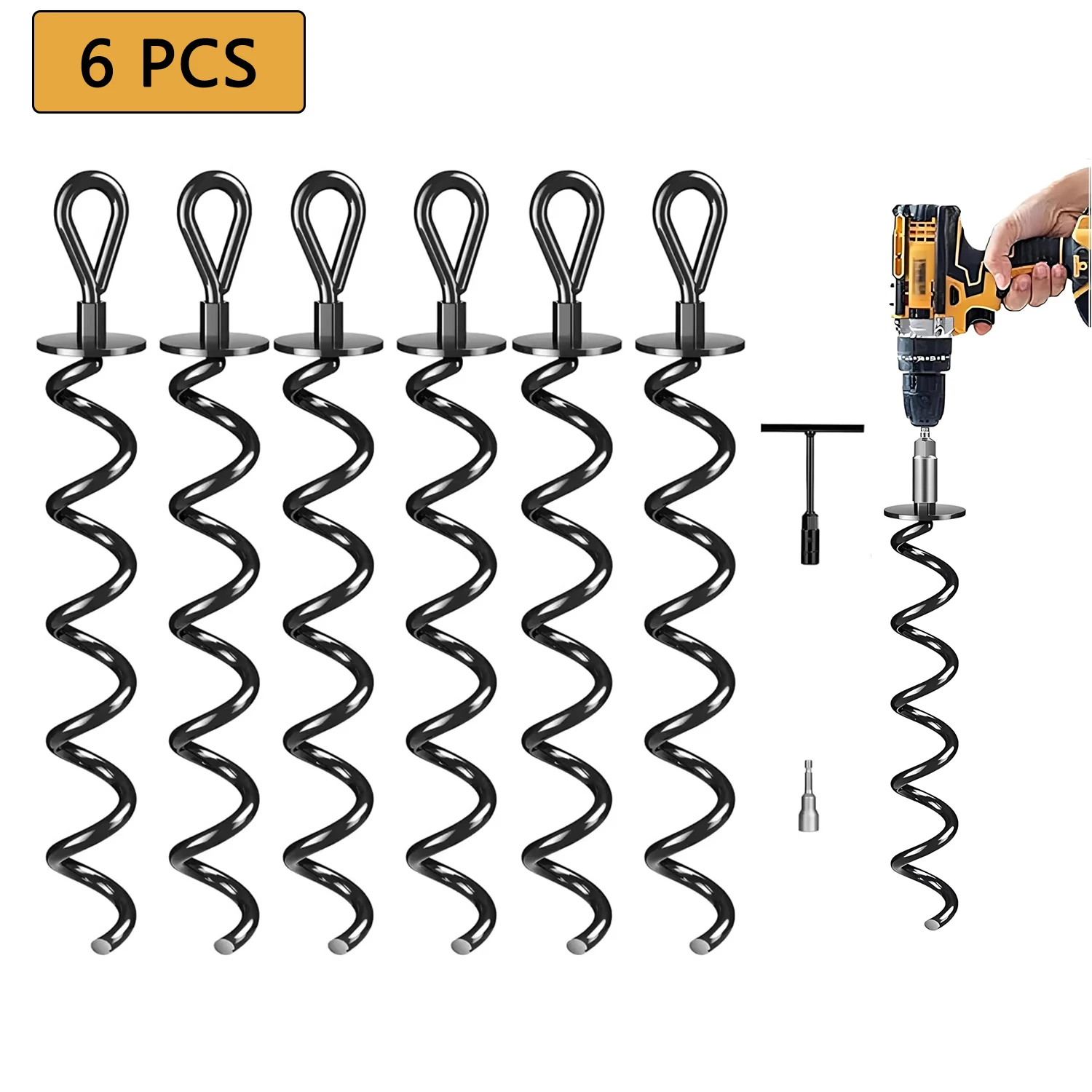 6 Pack Ground Anchors 15.3" Heavy Duty Earth Anchors with T Handle Hex Wrench & Drill for Swing Trampoline Tents Animals