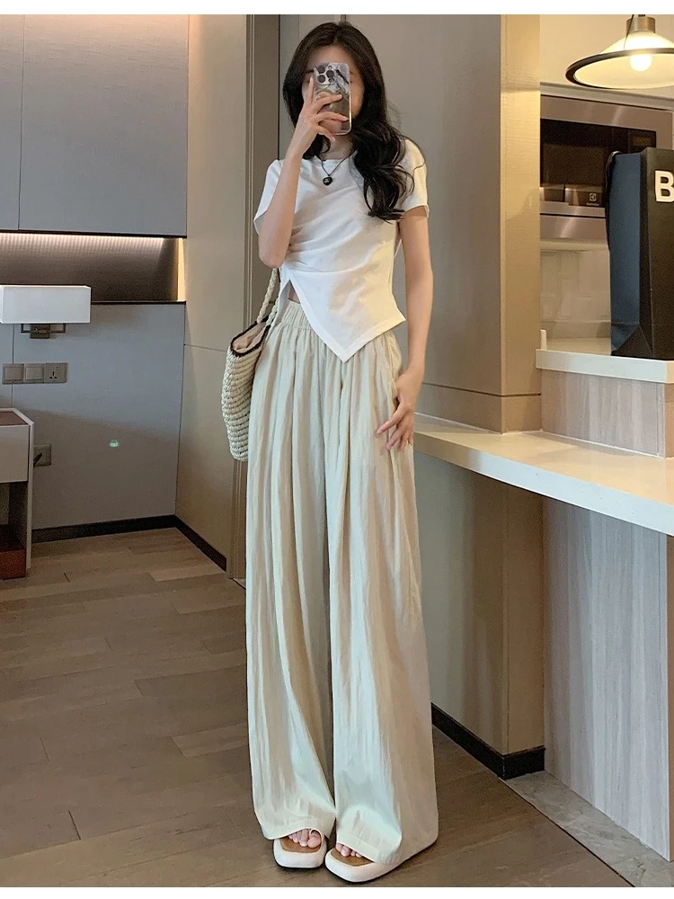 Pantalon à jambes larges en soie glacée pour femmes, drapé, taille haute, décontracté, japonais, paresseux, Sembach, jambes droites, été