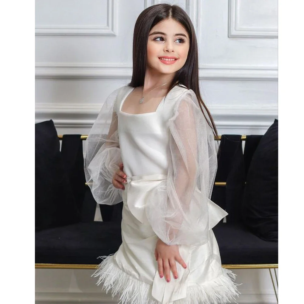 Chic Square Collar Puff Sleeves Tassel Girl Dresses White Elegant Pageant Party Wedding First Communion Knee-Length Kids Dress