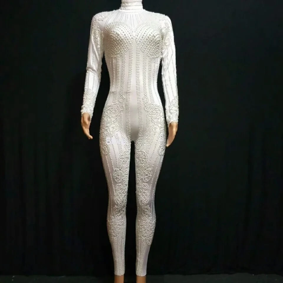 Комбинезон с белым жемчугом, облегающие леггинсы для танцовщицы, женский сексуальный наряд для вечеринки в ночном клубе, певица, боди с длинными рукавами, сценическая одежда