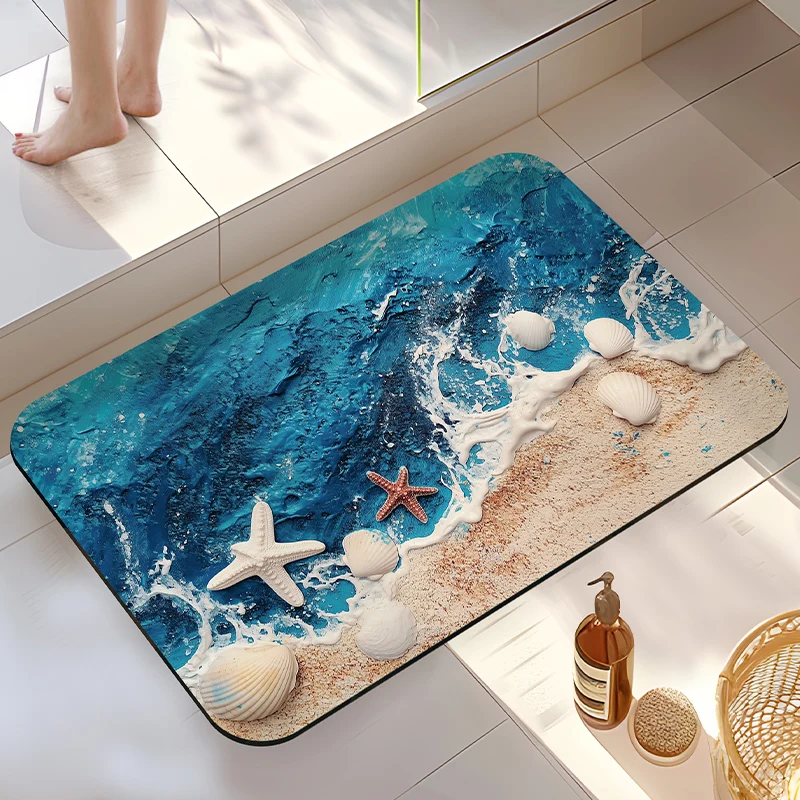 

Волновой пляжный впитывающий коврик для ванной комнаты, нескользящая подушка из диатомовой грязи, умывальник для двери унитаза, быстросохнущий коврик для ног