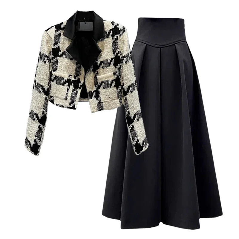 2024 Autumn/winter New High-quality Patchwork Jacket Coat Blazers for Women Black Half Skirt Two-piece Dress Set Outfits