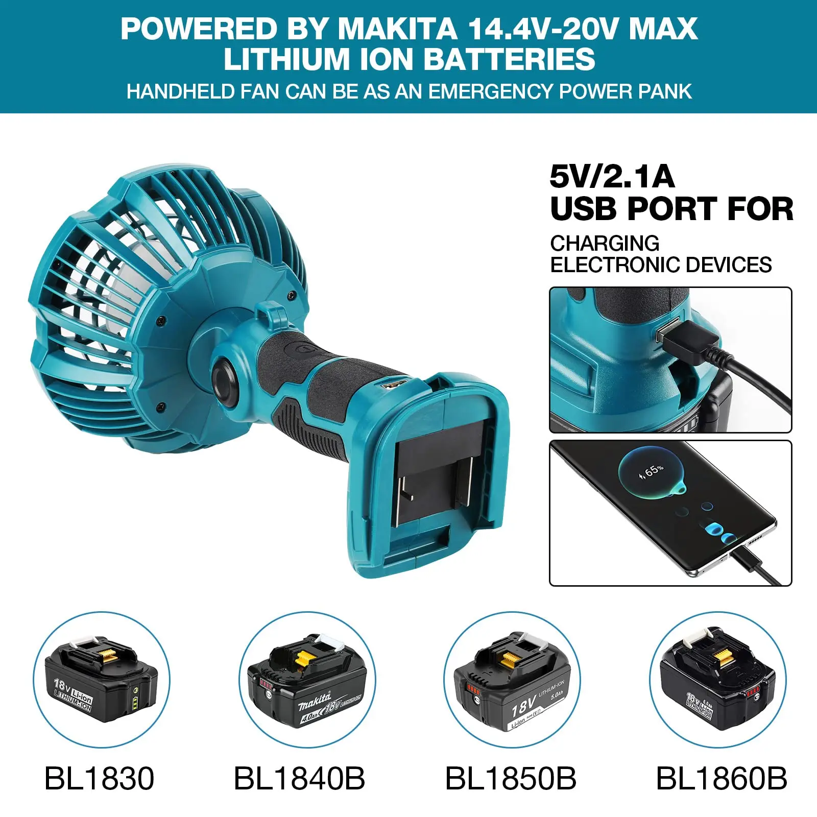 FC104 Przenośny wentylator do akumulatora litowo-jonowego Makita 18 V Zewnętrzny wentylator bezprzewodowy z latarnią LED do warsztatu kempingowego na budowie — zdjęcie produktu 2
