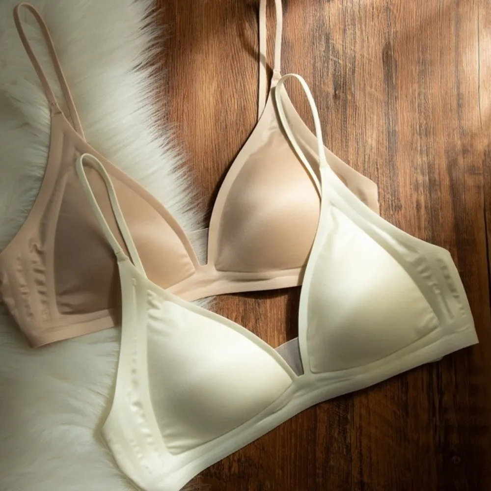 Milk Satin French Deep V-neck Bra Soft Support Wire Free Triangle Cup Bra Backless Design Slimming Fit Thin Strap Bra