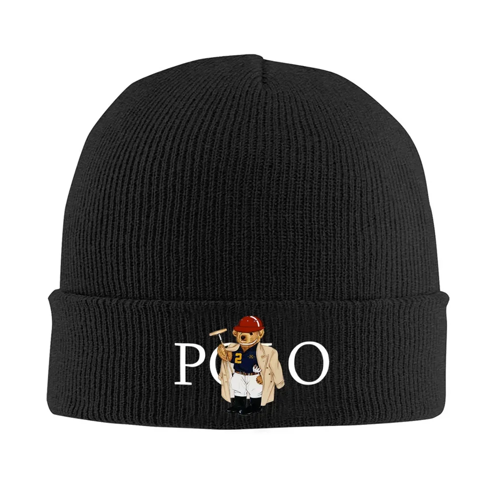 2026 Bear polo player wearing coat helmet Men Women Unisex Knitted Hat Beanie Pullover Cap Winter Thermal Warm Christmas Outdoor