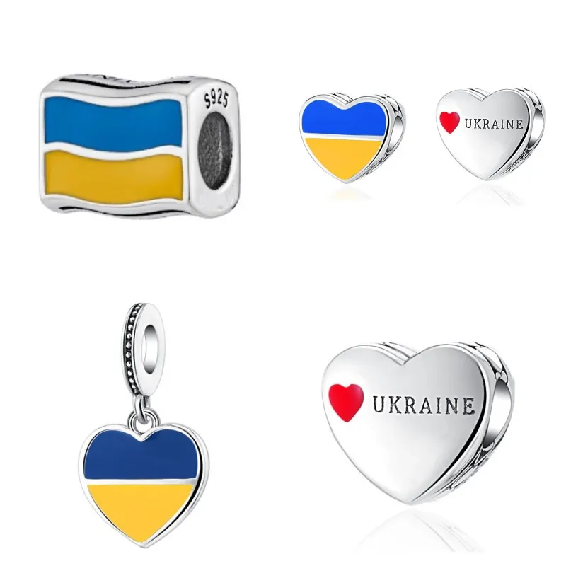 Hot 925 Silver Plated Original Ukrainian Flag Pendant Dangle Bead Charms Fit European Bracelet For Women DIY Jewelry Trinket