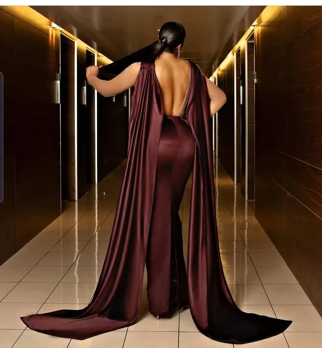 Wine Red Mermaid Satin Cross Collar Lace Long Sleeve Printing Sexy Backless Women's Evening Dress Special Formal Occasion Party